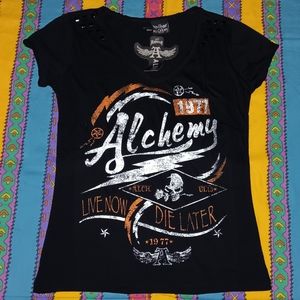 New Y2K Alchemy Live Now Die Later Studded Shoulder Shirt Vintage Tee